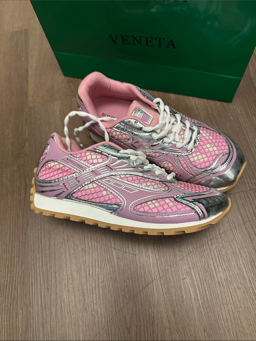 Bottega Veneta Pink Mesh Sneakers with Silver Trim - Picture 2 of 5